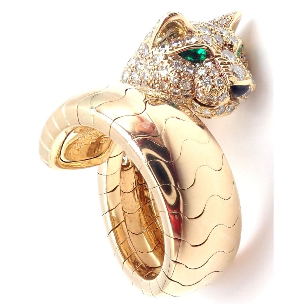 Authentic! Cartier Panther 18k Yellow Gold Diamond Emerald Onyx Band Ring - Picture 7 of 11